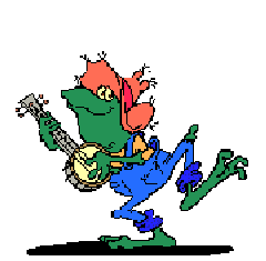 three frogs playing banjos, animated