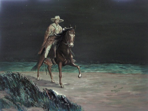 Painting of a moonlight ride, on a Peruvian Paso horse.