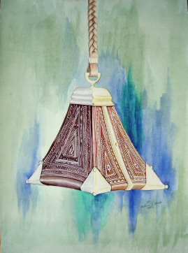 Highly detailed watercolor painting of a hand carved Peruvian stirrup.