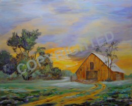 Oil painting of an old barn at sunrise.