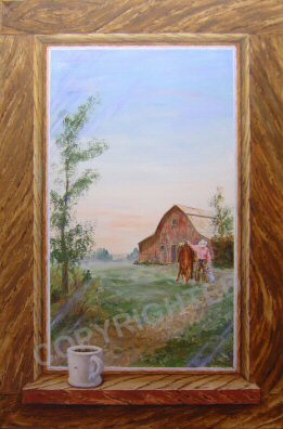 Looking out of a painted window frame at a cowboy and an old barn. There is a coffee cup on the window ledge.