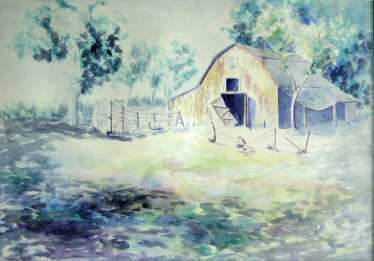 Watercolor painting of an old farm.